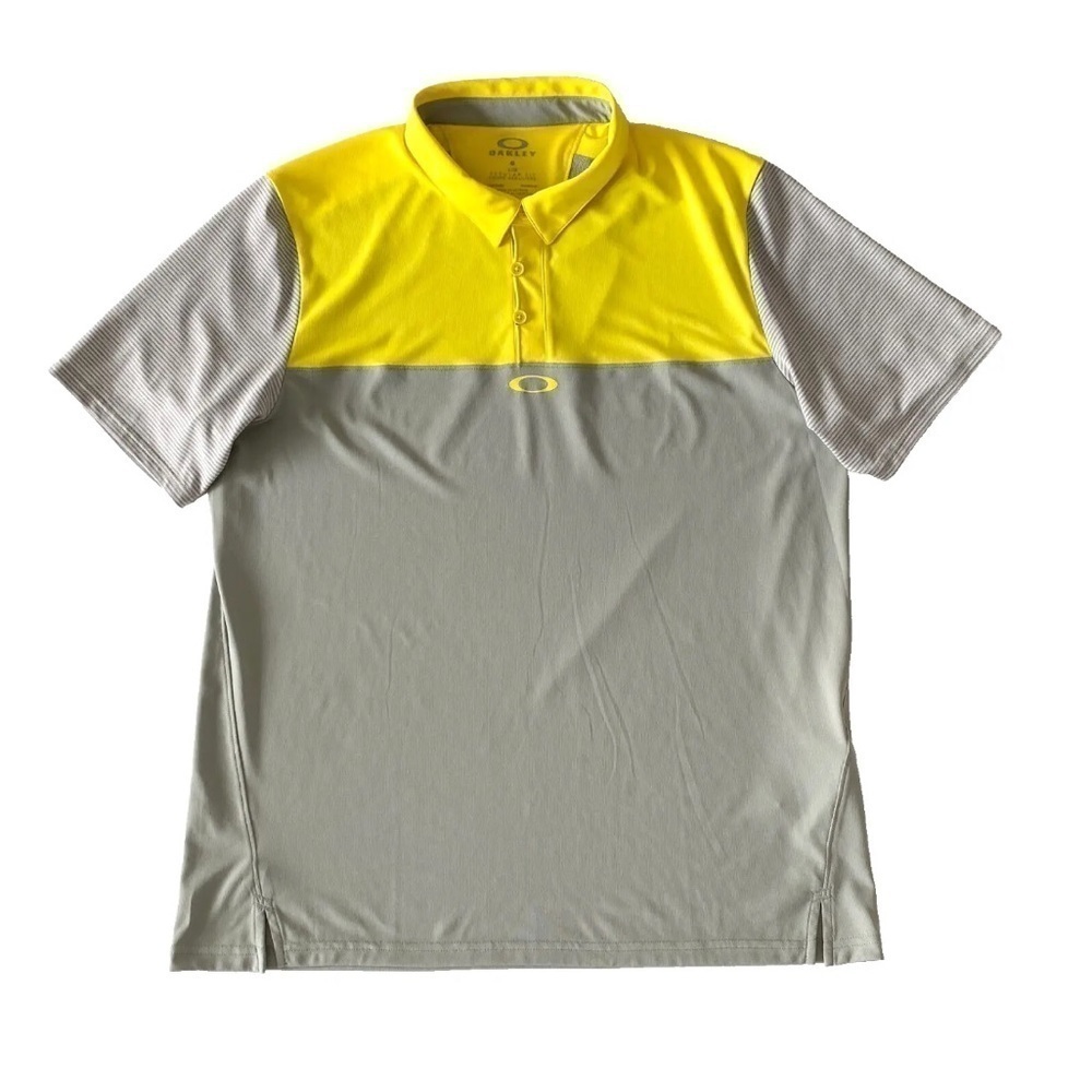 Oakley Hydrolix Short Sleeve Polo Shirt Grey Yellow Regular Fit Sz L EUC